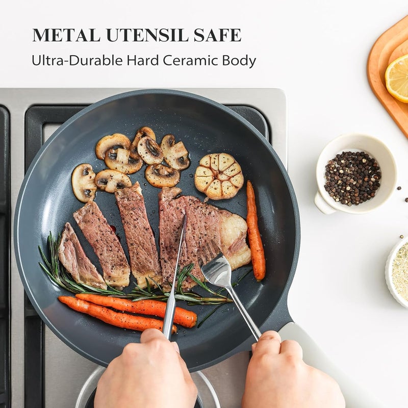 PRICUSIS Nonstick Ceramic Frying Pan Skillet, 8+12 Inch Induction Compatible with Stay Cool Handle, Healthy PTFE PFAS & PFOA Free Omelet Pan, Dishwasher Safe (Blueberry Gray) - Image 3